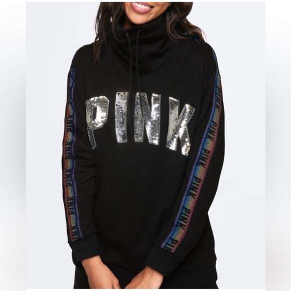 VICTORIAS SECRET PINK SEQUIN BLING CAMPUS BLACK COWL NECK SWEATSHIRT SIZE L - Picture 1 of 9